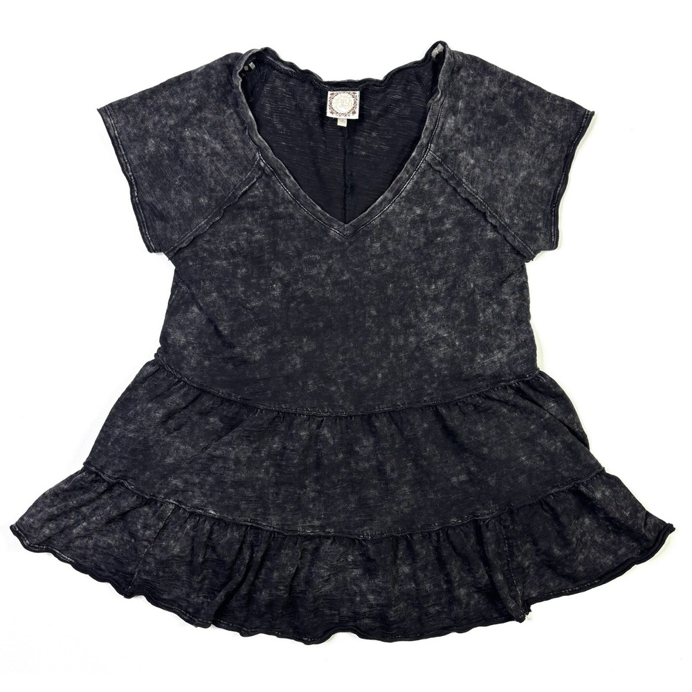 Truself Tunic Top Women's Small Black Mineral Wash Tiered Ruffle V-Neck - Picture 1 of 8
